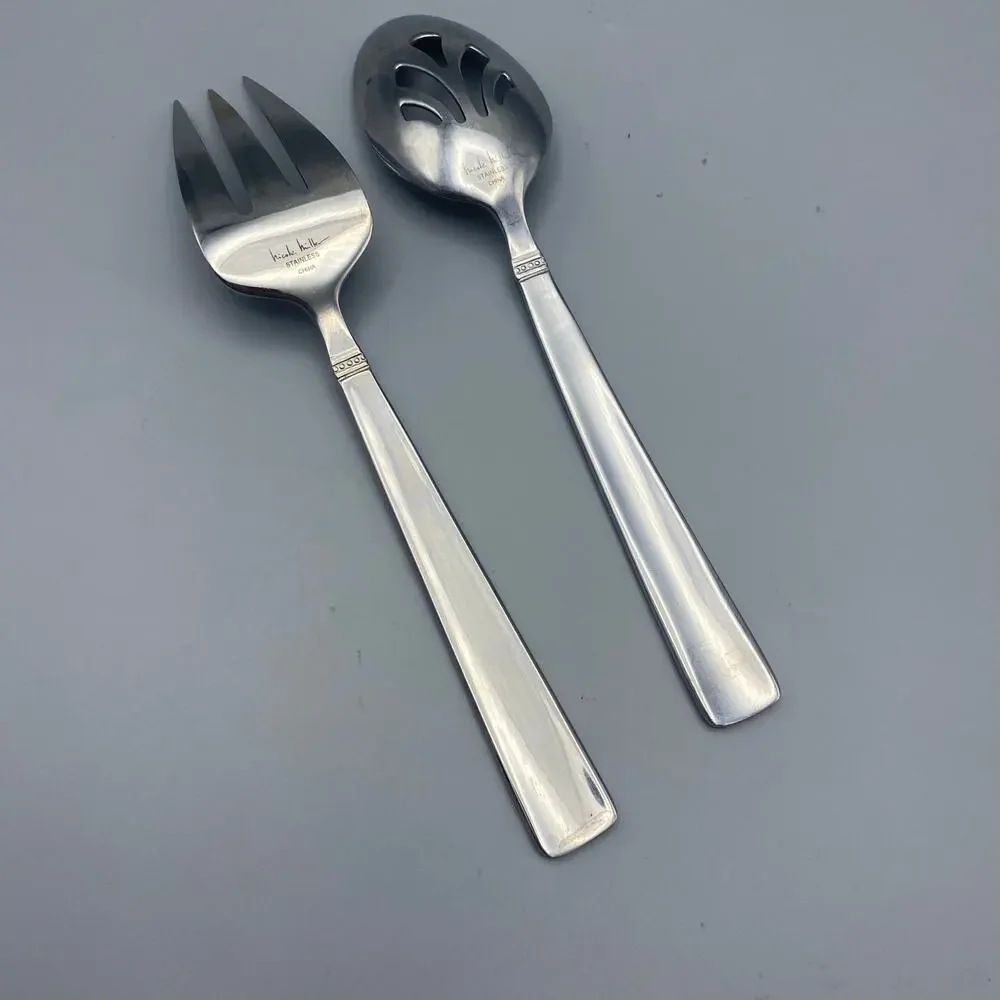 Nicole‎ Miller GREEN TEA Serving Fork Spoon 2pcs Beaded Stainless Flatware